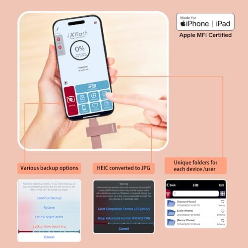 Elevate Your Data Management with the 128 GB Morandi Pink Apple MFi Certified i Xflash Flash Drive – Dual USB Type A & C for Effortless i Phone and i Pad Photo Backup, Fast Transfers, and Stylish Portability