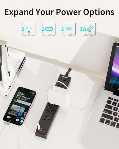 Ultra-Slim 15 FT Flat Plug Power Strip with 5 Outlets & 3 Smart USB Ports – 1700 Joules Surge Protector for Home, Office & Dorm Use – Space-Saving Design with Right-Angle Plug for Optimal Access and Charging Efficiency