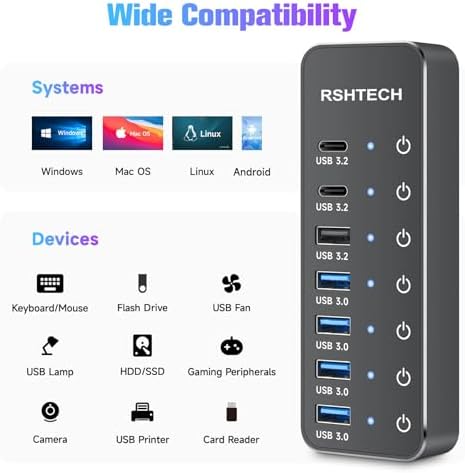 Maximize Your Device Connectivity with the RSHTECH 7-Port Powered USB 3.2 Hub – Lightning-Fast 10 Gbps Transfers, Individual Control Switches, and 3.3 ft Cable for Effortless Multi-Device Management – Perfect USB Hub Splitter for Laptops and PCs – Essential High-Performance Accessory for Home and Office Efficiency