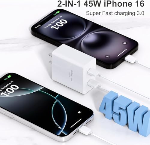 Dual USB C Power Adapter – 45 W Fast Charging Block for i Phone 16 & More, 2 Pack – Universal Compatibility Charger for i Pad Pro, Galaxy Devices & More – Compact Design for Rapid Device Charging and Enhanced Battery Life