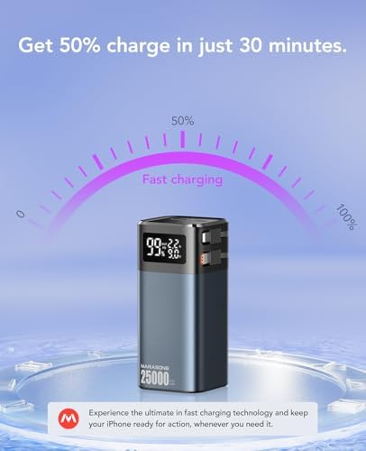 High-Capacity 25000 m Ah Portable Power Bank with Fast 20 W Charging – Built-In Cable for Mac Book, i Phone 15/14/13, Samsung – Ultimate Travel Companion for On-the-Go Charging Solutions