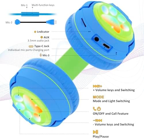 Riwbox CF9 Cat Ear Bluetooth Headphones for Kids – Safe 85 d B Volume Limit, Fun LED Light-Up Design, Dual Microphones for Clear Calls, Perfect for Tablets, Schools, Air Travel & Remote Learning, Lightweight Comfort in Trendy Purple