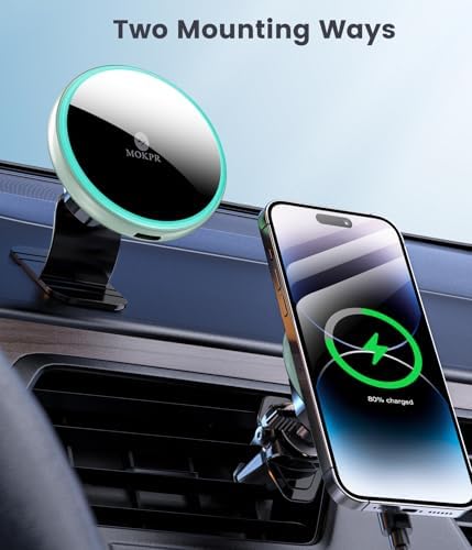 MOKPR 15 W Mag Safe Car Charger & Magnetic Phone Holder – Effortless Fast Wireless Charging with Dynamic LED RGB Lighting for i Phone 15/14/13/12 Series – Stylish Dash & Air Vent Mount for Enhanced Driving Experience and Convenient Accessibility