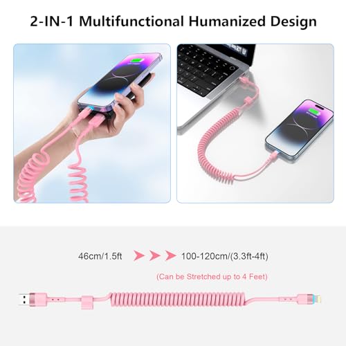2-Pack Retractable Coiled USB-C to Lightning Charger Cable for i Phone – MFi Certified Fast Charging Solution for i Phone 14/13/12/11 SE/Xr & i Pad – 4 Ft Pink Car Play Cable for Uber and On-the-Go Syncing – Durable, Tangle-Free Design for Ultimate Portability and Efficiency
