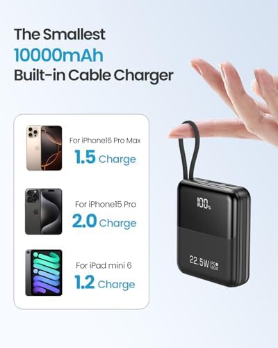 Compact 10,000 m Ah Portable Charger with Built-In Cable – Fast Charging Mini Power Bank for i Phone, Samsung, and Android Devices – Smart LED Display for Battery Monitoring – Ultimate Travel Companion for On-the-Go Power Solutions