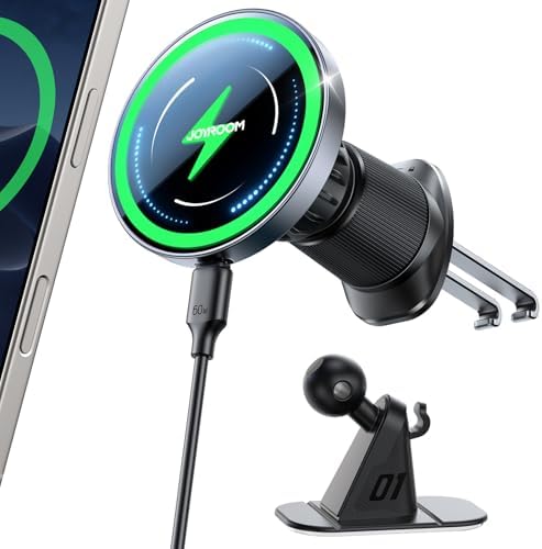 JOYROOM Mag Safe Car Mount Charger – 15 W Fast Wireless Charging for i Phone 12-16 Pro Max Plus, Enhanced Dual-Clip Grip for Secure Dashboard & Air Vent Installation, Stylish Dark Blue Finish, Ultimate On-the-Go Power Solution for i Phone 15 Accessories