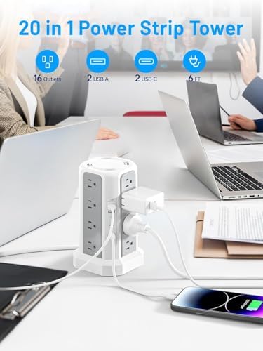 Revolutionize Your Charging Experience: 10 FT Surge Protector Power Strip Tower with 16 Outlets & 4 USB Ports – Efficient Desk Charging Station for Home, Office, or Dorm Room – Ultimate Space-Saving Solution with Robust 1625 W Power Output and Enhanced Safety Features