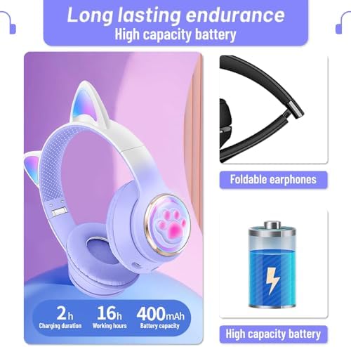 Playful Cat Ear Bluetooth Headphones for Kids – Foldable Over-Ear Design with LED Lights, Safe Listening Volume Control, Built-in Microphone, and Multi-Device Connectivity – Ideal for Music, Movies, and Gaming on i Phones, i Pads, Smartphones, and More!