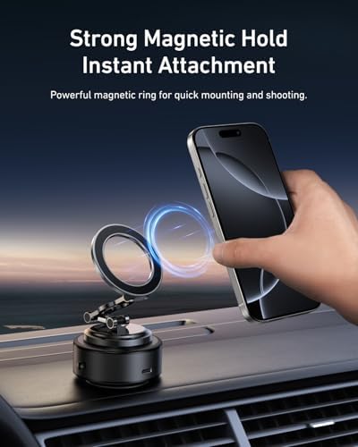 TELESIN Electric Magsafe Car Mount Vacuum Magnetic Car Phone Holder 105N 360° Reinforced Adjustable Swivel Lock, Suction Cup Phone Mount for Your Car/Gym/Mirror/iPhone & Android – Enhanced Compatibility and Speed