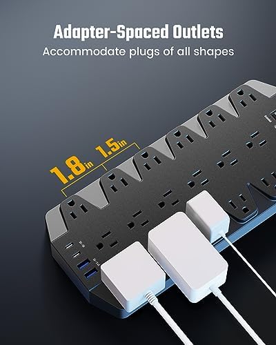 Maximize Your Power Efficiency with SUPERDANNY 18-Outlet Surge Protector Power Strip – 4 USB Charging Ports, 1875 W/15 A, 2100 J Surge Protection, 6.5 FT Heavy-Duty Flat Plug Extension Cord for Home, Office, Gaming, and Dorm Use – Versatile Wall Mount Design for Unmatched Convenience and Safety