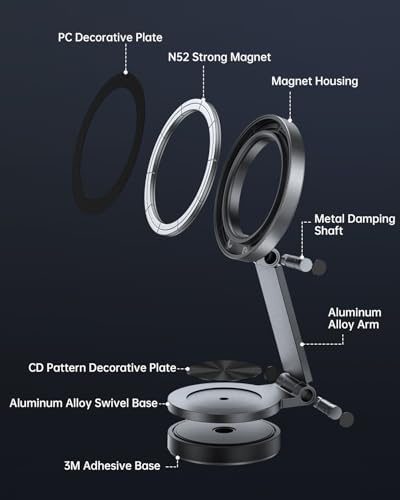 SYNCWIRE Mag Safe Car Mount – Ultimate 360° Rotating Magnetic Phone Holder for All Smartphones, Adjustable Metal Arm for Custom Positioning, Ultra-Strong Magnet for Secure Dash Installation, Perfect Companion for i Phone 16, 15, 14, 13 Pro Max – Elevate Your Driving Experience with Seamless Accessibility and Stability
