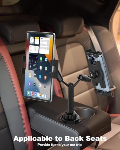 Universal Dual Cup Holder Tablet Mount for Cars – 360° Rotatable Adjustable Stand for 4.7″-13″ Devices – Premium Metal Arm for i Pad Pro/Air/Mini & Galaxy Tab Compatibility – Enhance Driving Safety & Convenience