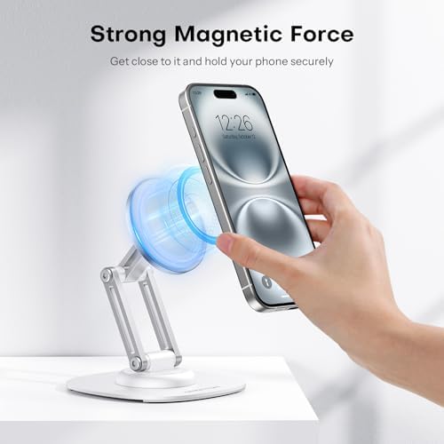 OMOTON 360°Rotating Magnetic Phone Stand for Desk, Adjustable Foldable Aluminum for MagSafe Cell Phone Stand Holder with Non-Slip Base, for iPhone 16/15/14/13 Pro Max/MagSafe Case- Black – Enhanced Compatibility and Speed