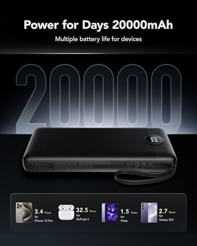 Ultimate 20000 m Ah VRURC Portable Charger with Built-in Cables – Fast Charging Power Bank for Travel, PD & QC 3.0 Compatible, 4 Output Ports & Dual Input, Ideal for i Phone, Samsung, Android Devices – Compact & Durable Battery Pack for On-the-Go Power