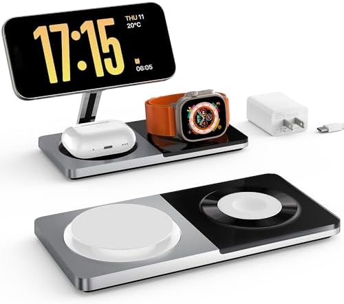 Revolutionize Your Charging Experience: 3-in-1 Fast Charging Station for Apple Devices with Mag-Safe Technology – Wireless Dock for i Phone 16/15/14/13/12 Series, Apple Watch Series 1-9/Ultra, and Air Pods Pro – Includes 30 W USB Charger in Sleek Silver Finish for Optimal Compatibility and Speed