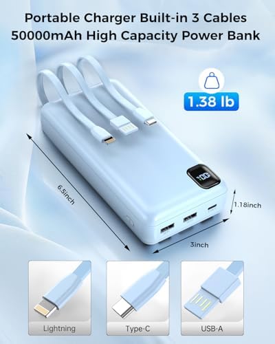 Ultra-High Capacity 50000 m Ah Portable Power Bank with Integrated Charging Cables – PD 20 W Fast Charge for Multiple Devices – 5 Outputs/2 Inputs with Precise LED Power Indicator – Perfect for Outdoor Adventures, Travel, and Versatile Compatibility with Smartphones, Tablets, Smartwatches, and More (Blue)