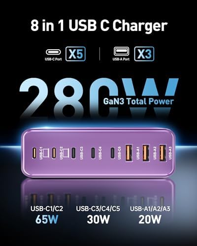 Revolutionize Your Charging Routine with the 280 W Ga N USB-C 8-Port Fast Charging Station – Power Up Laptops, Smartphones & More with PD 65 W Compatibility for Mac Book Pro/Air and Dell – Compact & Lightweight Design Perfect for Home, Office, and Travel – Universal Fast Charger for i Phone, Samsung Galaxy & All USB-C Devices