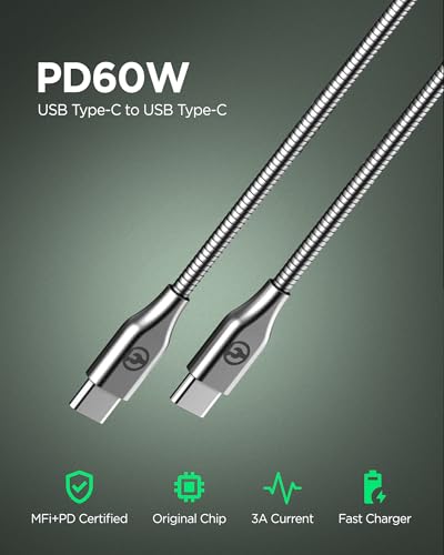 10 Ft Heavy-Duty Alloy-Braided USB-C Charger Cable for Fast Charging (60 W) – Premium Metal Construction for Samsung & i Phone Devices (Gunmetal) – Unmatched Durability and Flexibility for Everyday Use