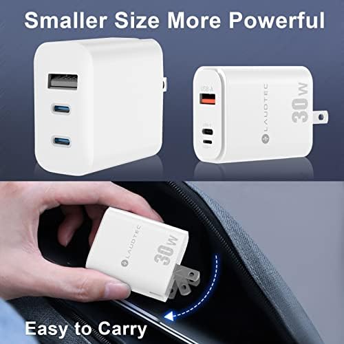 LAUDTEC 30 W Rapid Charge Block – Versatile 3-Port USB-C & QC Wall Charger for Fast Charging i OS & Android Devices – Compact Power Adapter with Enhanced Safety Features for Home, Office, and Travel Use