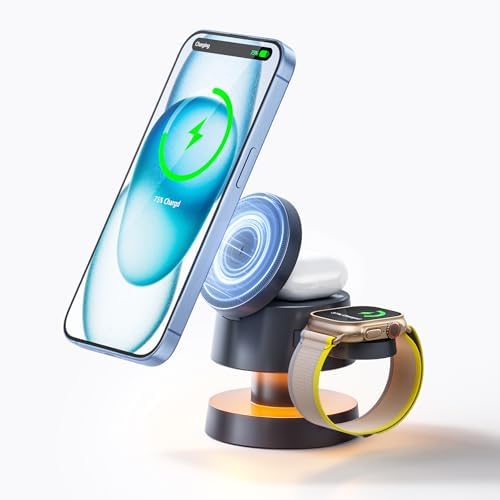 Effortless Charging Revolution: 4-in-1 Mag-safe Wireless Charger with 15 W Fast Charging for i Phone 16/16 Plus/16 Pro Max/15/14/13/SE, Apple Watch Ultra, and Air Pods Pro 2 – Sleek Design with Integrated Night Lamp for Streamlined Device Management