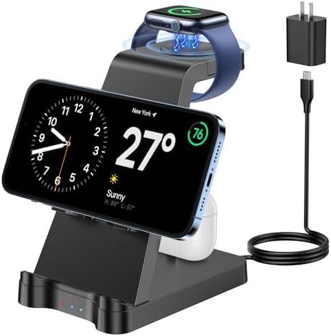 Ultimate 3-in-1 Wireless Charging Station for Apple Devices – Rapid Charger for i Phone 15/14/13/12/11, Apple Watch Series 1-9/Ultra, and Air Pods – Space-Saving Multi-Device Dock Featuring Advanced Safety Technology and Modern Aesthetic Design