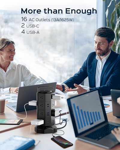 JACKYLED Power Strip Tower Surge Protector with 12 Outlets and 6 USB Ports (2 USB-C) – High-Speed Charging Station with 1050 Joules Protection, 1625 Watts, 6.5 ft Extension Cord for Enhanced Home Office Efficiency and Device Safety
