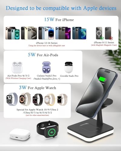 All-in-One Magnetic Wireless Charging Station for Apple Devices – 4-in-1 Fast Charger with Integrated Light for i Phone 16/15/14/13/12, Apple Watch Series 10/9/8/7/Ultra 2/SE 2, and Air Pods 4/3/Pro/2 – Sleek, Modern Design for Effortless Charging and Clutter-Free Organization