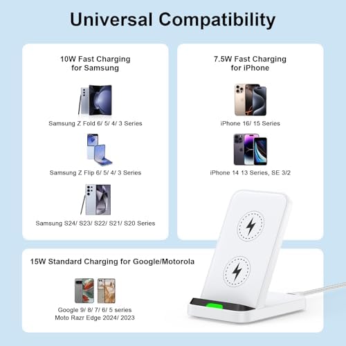Samsung S25 Ultra Fast Wireless Charger Stand – 18 W QC 3.0 Compatible Dock for Galaxy S25, S24, Z Fold 6, Flip 6, S20 & More – Sleek Design with Optimal Viewing Angle for Efficient Charging and Enhanced Safety Features
