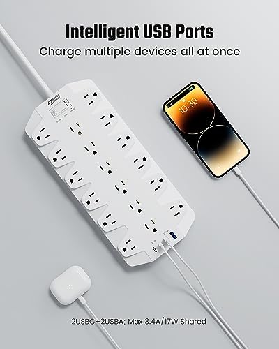 Maximize Your Power Efficiency with SUPERDANNY 18-Outlet Surge Protector Power Strip – 4 USB Charging Ports, 1875 W/15 A, 2100 J Surge Protection, 6.5 FT Heavy-Duty Flat Plug Extension Cord for Home, Office, Gaming, and Dorm Use – Versatile Wall Mount Design for Unmatched Convenience and Safety