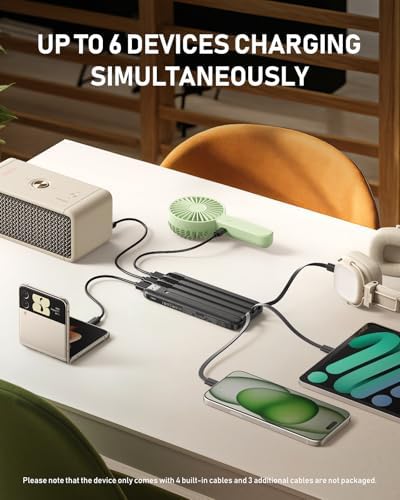 Ultra-Slim 10,000 m Ah Charmast Portable Charger with Built-In Cables – High-Speed 15 W USB-C Power Bank for i Phone 16/15/13, Samsung, and Android Devices – Charge 6 Devices Simultaneously with Real-Time LED Display – Travel-Friendly Battery Pack with Pouch for Added Durability and Low Current Mode for Safe Charging of Earphones and Speakers – Essential Power Solution for Daily Use and On-the-Go Charging