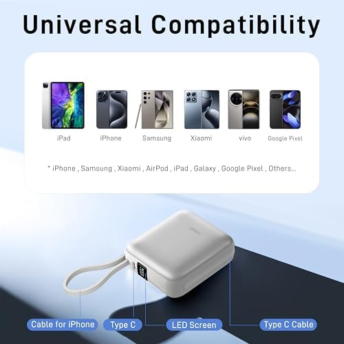 Ultra-Fast 22.5 W Mini Power Bank: 10,000 m Ah Portable Charger with Built-in Cables & LED Display | Charge 3 Devices Quickly | Sleek Design for Travel | Ideal for i Phone, Samsung, Android | Durable & Safe Power Supply for Everyday Use