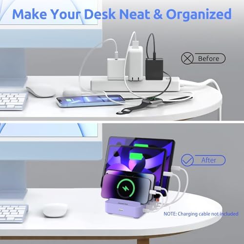 Purple 4-Port Fast Charging Station – Multi-Device USB Organizer Dock for i Phones, i Pads, Kindle Tablets, and More – Efficient Power Management with Enhanced Safety Features and Sleek Design for Home and Office Use