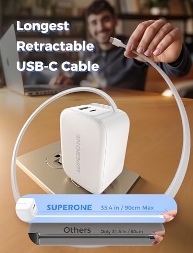 Revolutionize Your Charging Routine with the SUPERONE 3-in-1 USB C Charger Block – 58 W Fast Retractable Wall Charger for i Phone 16/15/14/13/12/11 and i Pads, Featuring 35.4-inch Tangle-Free Cable for Ultimate Portability and Enhanced Device Compatibility