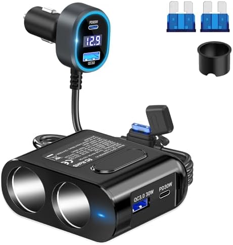 Dual Socket 12 V Car Cigarette Lighter Splitter with PD 65 W Fast Charging Port – 300 W Multi-Port USB Charger and Voltage Monitor for Enhanced Device Compatibility and Safety Features – Perfect for Road Trips and Daily Commuting