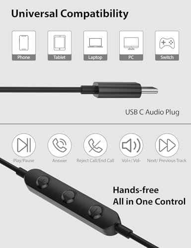 Elevate Your Audio Experience with USB-C Headphones: Premium Hi-Fi Stereo Earbuds Compatible with i Pad Pro, i Phone 16 Pro Max & Samsung Galaxy S25 Ultra – Advanced Noise-Canceling Microphone for Crystal-Clear Calls – Lightweight Ergonomic Design for All-Day Comfort and Seamless USB-C Compatibility
