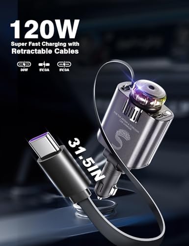 Innovative Retractable Car Charger with USB-C Fast Charging 120 W and Aromatherapy Starlight – Ultimate Travel Companion for i Phone 16 to 11, Stylish Cigarette Lighter Adapter for Men and Women – Perfect Gift for Road Trips and Daily Commutes with Enhanced Compatibility and Efficiency
