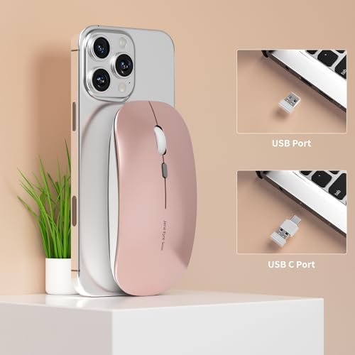Uciefy Q5 Slim Rose Gold Wireless Mouse – Portable Optical Rechargeable Design with Silent Click, USB Receiver & Type C Adapter for Effortless PC, Laptop & Desktop Compatibility – Elevate Your Workspace with Style & Precision