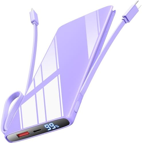 Power Bank 10000 m Ah with 30 W Fast Charging – Sleek Purple Portable Charger Featuring Built-In Cables, USB-C Input/Output, and LED Display – Ultimate Battery Solution for i Phone, Samsung, and More