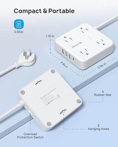 TROND Smart Surge Protector Power Strip with USB Ports – 5 ft Flat Plug Extension Cord for Home, Office & Dorm Room – 1440 Joules Surge Protection & Wall Mount Design for Space-Saving Power Management – Versatile Multi-Outlets Charging Station in White