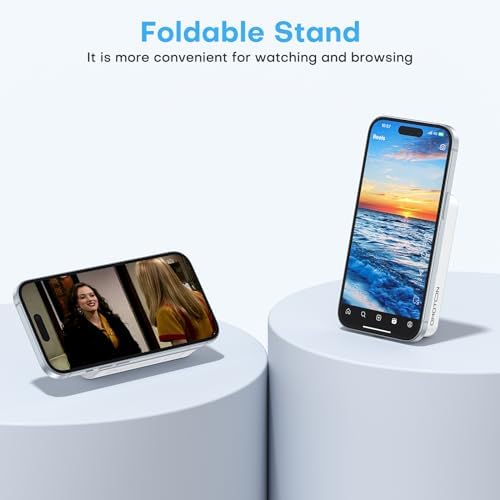 OMOTON 10,000 m Ah Magnetic Power Bank with Foldable Stand – Fast Charging Battery Pack for i Phone 15 and Above, Enhanced LED Display for Real-Time Monitoring, Sleek Gray and White Design for Ultimate Portability and Style