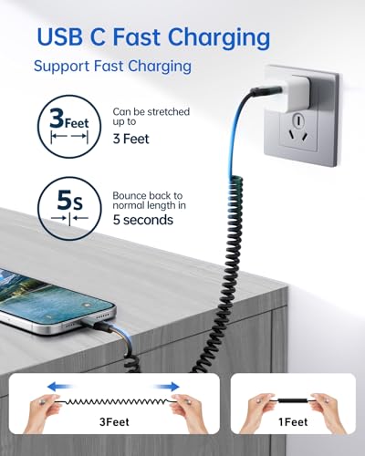 USBC to USBC Cable for Car, 3FT Coiled USB Type C Charge Cable Fast Charging, 2Pack Short USB-C Cable Compatible with iPhone 16/15/Samsung Galaxy S20 S10 S9 S8 Plus Note 10 9 8 and More USB C Devices – Enhanced Compatibility and Speed