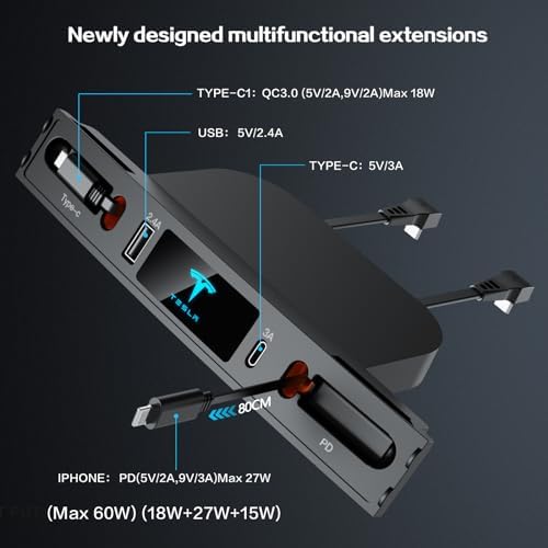 Experience Unmatched Charging Efficiency with the Premium Multi-Port USB Charger for 2021-2024 Tesla Model 3/Y – Sleek Design, Retractable Cable, and Dual Fast Charging Ports – Essential Accessory for Tesla Enthusiasts and Ideal Gifts for Tesla Owners – Elevate Your On-the-Go Connectivity with Enhanced Compatibility for All USB Devices