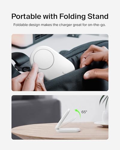 Belkin Foldable Magnetic Wireless Charging Stand – 15 W Fast Charger for i Phone 16 & Galaxy S25 – Qi2-Certified, Portable Design with PSU – Sleek Black Finish for Enhanced Device Compatibility and Effortless Charging Experience