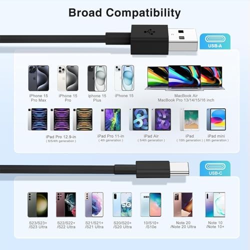 3-Pack Black [3.3FT+3.3FT+6FT] USB A to USB C Cable，USB to USB C Car Carplay Cable for iPhone 16 15 Pro Plus Pro Max，for iPad Pro/Air/Mini，for Samsung S24/S23/S22，for MacBook Pro/Air and More – Enhanced Compatibility and Speed