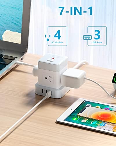 Baykul 10 ft Power Strip Cube with 4 AC Outlets & 3 USB Ports – Compact Surge Protector for Home, Office, and Travel – Space-Saving Flat Plug Design for Enhanced Convenience and Fast Charging