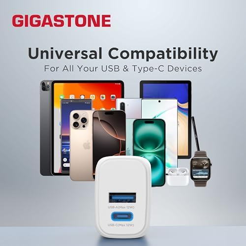 Gigastone 12 W Dual Port USB C & A Wall Charger [3-Pack] – Fast Charging Power Block for i Phone 16/15/14/13/12 & Samsung S24/S23/S22 – Compact Travel Charger with 2.4 A Output for Quick Device Boosts – Enhanced Compatibility for E-Readers & More