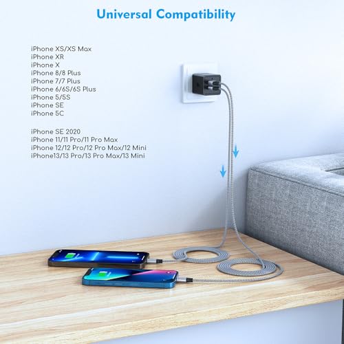 Ultra-Fast i Phone Dual Port Charger Set – 6 FT Lightning Cable & Compact Wall Plug Adapter for i Phone 14, 13, 12, 11 Pro Max, XS, X, 8, 7 Plus, SE & i Pad – Quick Charge Technology for Seamless Power on the Go