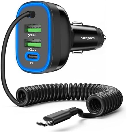 Ultra-Fast 72 W 4-Port USB-C Car Charger with 5 ft Coiled Cable for i Phone 16/15 Pro Max, Samsung Galaxy S25/S24/S23, and Pixel 9 Pro – Multi-Device Compatibility and Rapid Charging for On-the-Go Power Needs