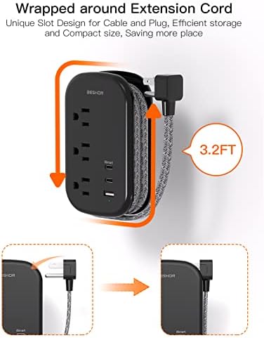 BESHON Ultra Flat USB C Travel Power Strip – Versatile 3 AC Outlets & 3 USB Ports (2 USB-C) with 3.2 ft Tangle-Free Extension Cord for Seamless Charging on Cruise Ships & Travel – Essential Compact Power Solution in Grey for On-the-Go Connectivity and Device Protection