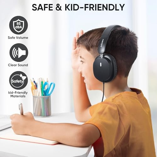 Bulk Set of 5 Over-Ear Kids Headphones – Premium Wired Audio Gear for Classroom and Travel Use – Exceptional Sound Quality, Comfort, and Foldable Design for On-the-Go Learning – Sleek Black Finish for Style and Durability